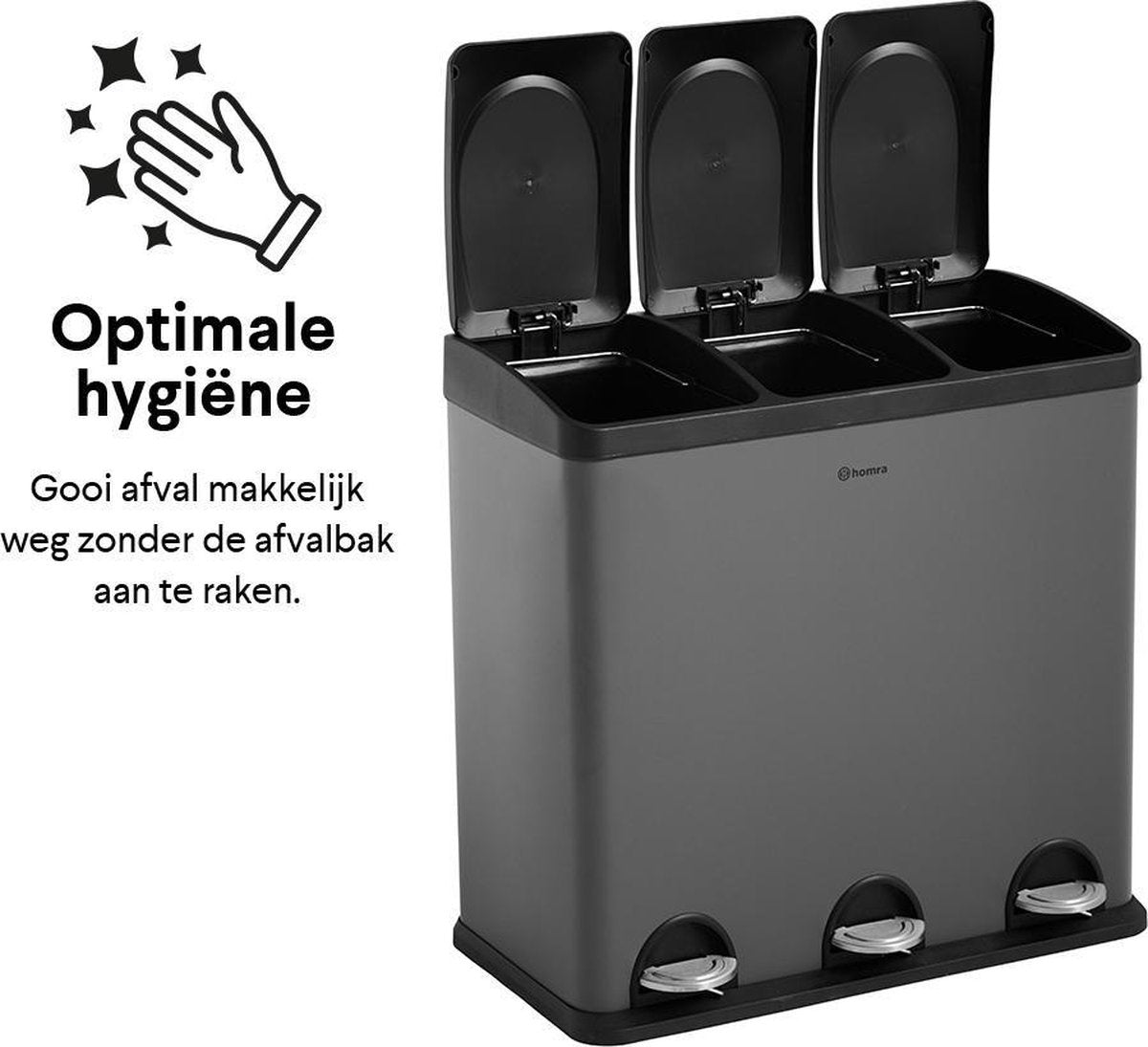 Homra MAXER Poubelle - 3 Compartiments - 60 Litres (3x 20L) - Poubelle à pédale - Gris