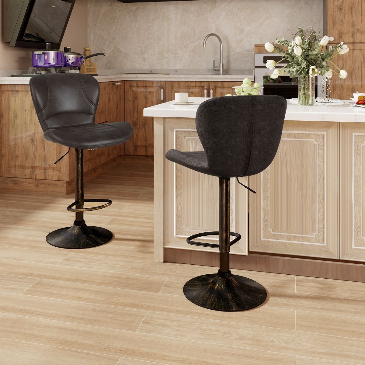 Ensemble de 2 tabourets de bar Coast - Réglables de 61 à 81 cm - Pivotants, avec dossier et repose-pieds - Marron