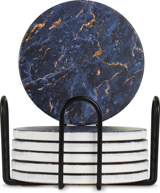 Castagnola Sous-verres en céramique avec support - Sous-verres pour verres - Sous-verres design - Sous-verres - Sous-verres à boire - Céramique - Liège - Lot de 6 - Bleu/doré