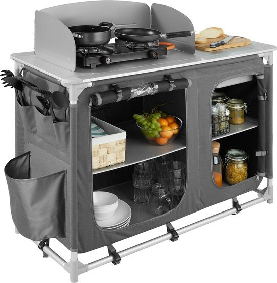 tectake - Cuisine de camping cuisine de camping - avec pare-brise et compartiments de rangement - 116x52x107cm - 402920
