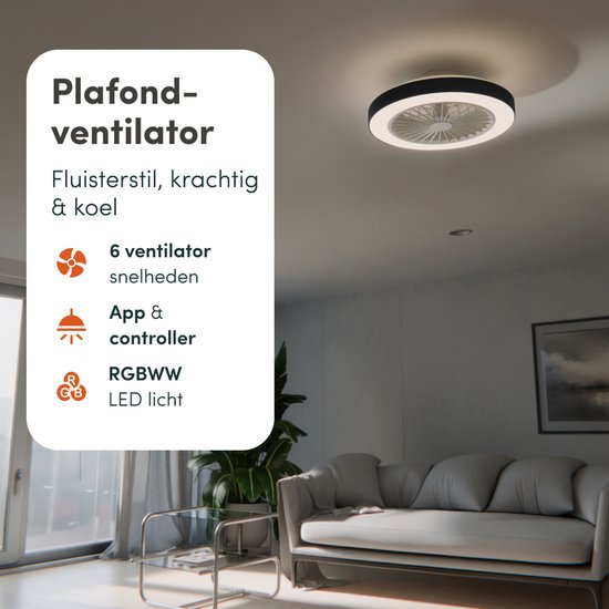 Ventilateur de plafond avec éclairage - Ventilateur-plafonnier - Plafonnier - LED RGBW - Tuya Wi-Fi Smart - Télécommande - ⌀ 50 cm - Noir