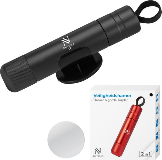 Marteau de sécurité Nuvance - Marteau d'urgence - Avec support autocollant et verre de test - Coupe-ceinture - Marteau de voiture - Pour voyager en toute sécurité - Noir
