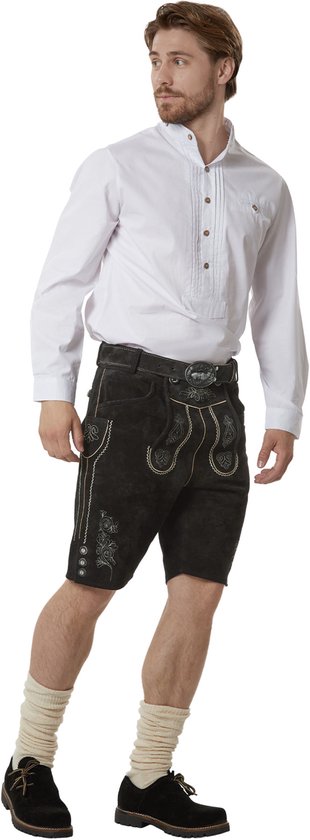 dressforfun - Authentique Lederhosen courte Jannis - Avec ceinture et bretelles - Cuir véritable - Noir - 50 - Oktoberfest Dress Man - Costume d'homme - Dress Up - Costume allemand - Robe de carnaval - Gilet de costume - Pantalon traditionnel en cuir