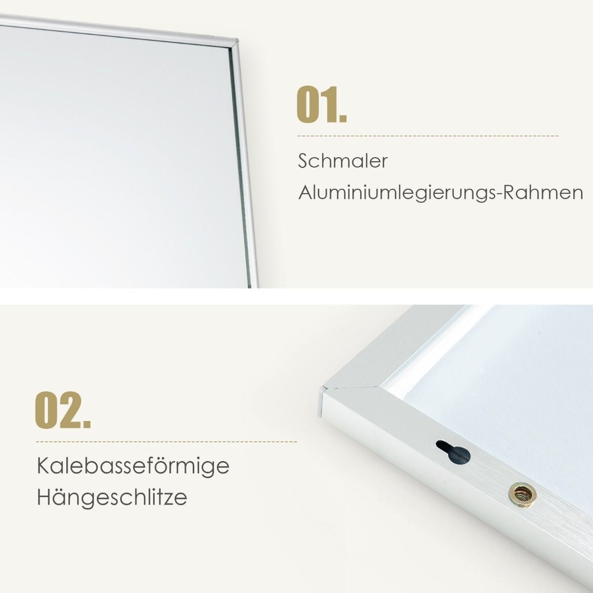 Côte 37 x 120 cm Miroir mural à hauteur d'homme avec crochets réglables en hauteur Miroir mural argenté