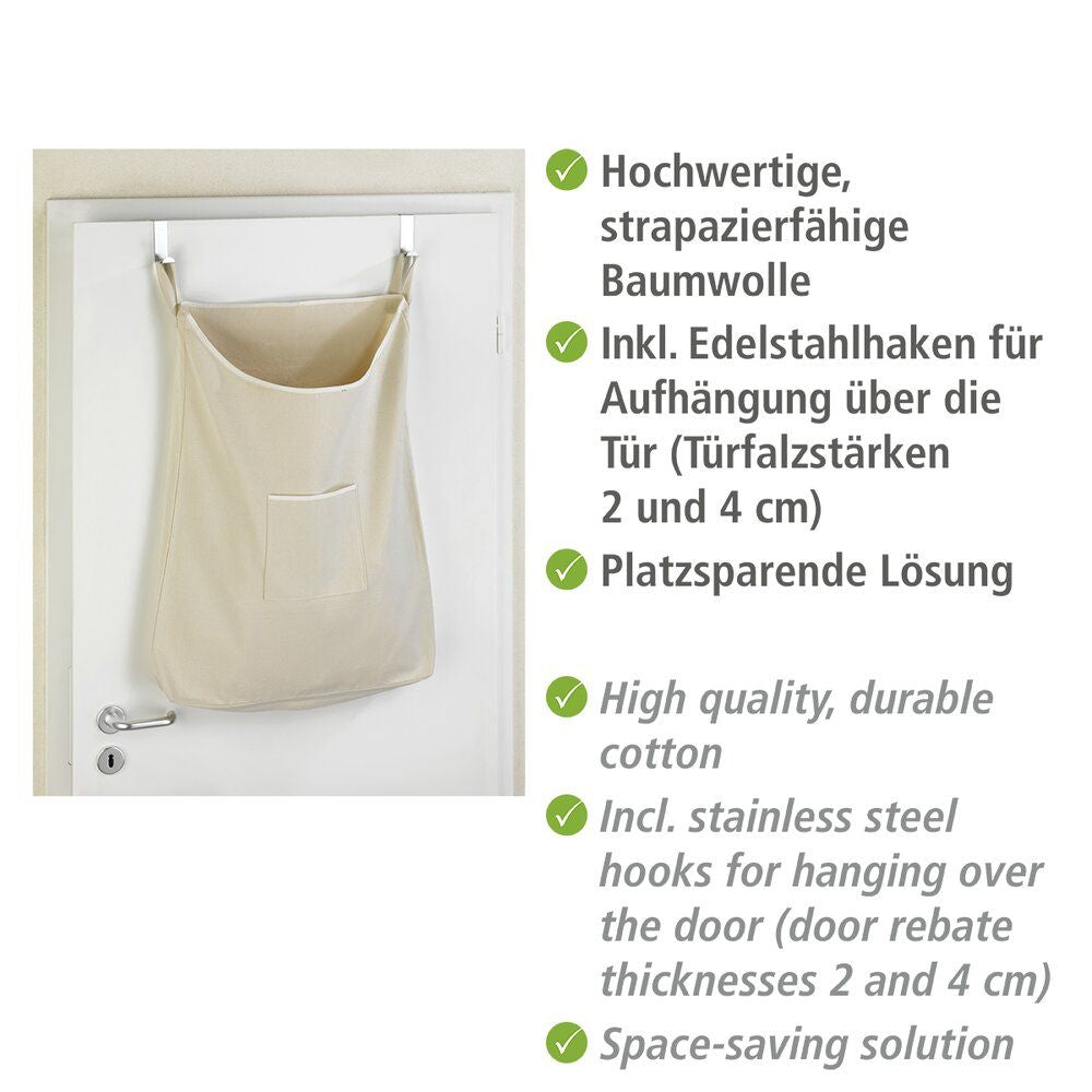 Panier à linge à suspendre Canguro de WENKO, beige - 65 L - Coton - Avec crochets en acier inoxydable