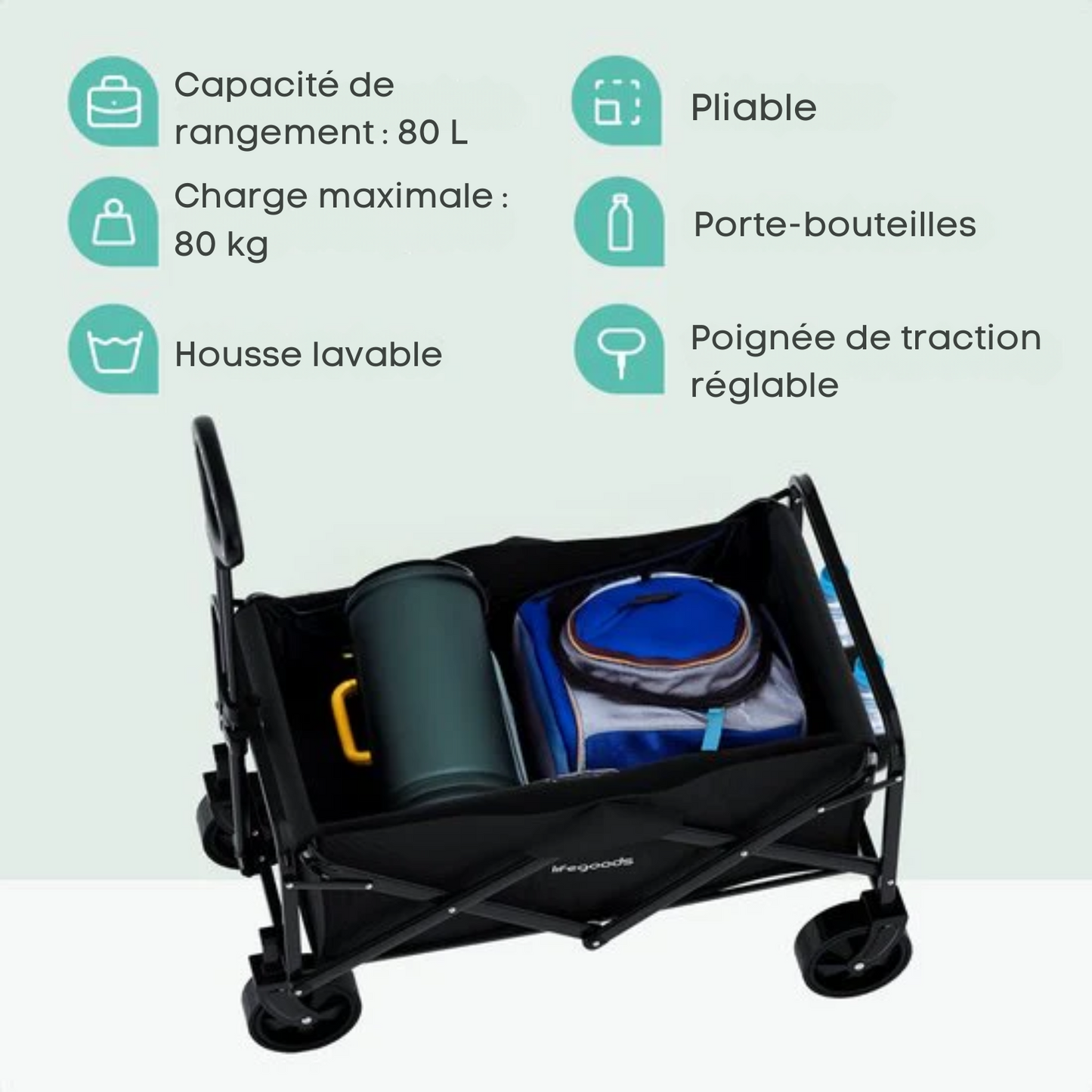Chariot à roulettes LifeGoods - Compact - Polyester - 80 L/ 80 kg – Noir