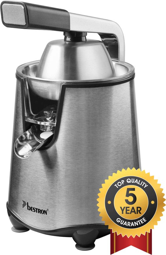 Presse-agrumes électrique Bestron - ACJ600SS - 200 W - Avec 2 cônes de pressage, filtre à pulpe, système anti-gouttes, levier de pressage - Argent - Garantie 5 ans