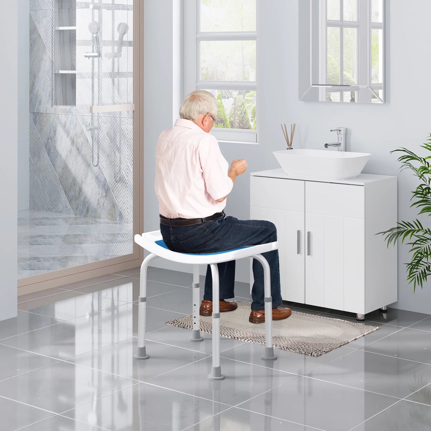 Tabouret de douche Eugad - Acier inoxydable - Poids max. 130 kg - 31 x 51 x 41 cm - Bleu/Blanc