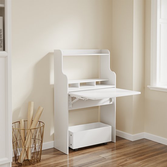 Table pliante murale SoBuy FWT105-II-W - Table pliante multifonctionnelle peu encombrante avec roulettes - Bureau pliant avec tiroir et étagères - Blanc