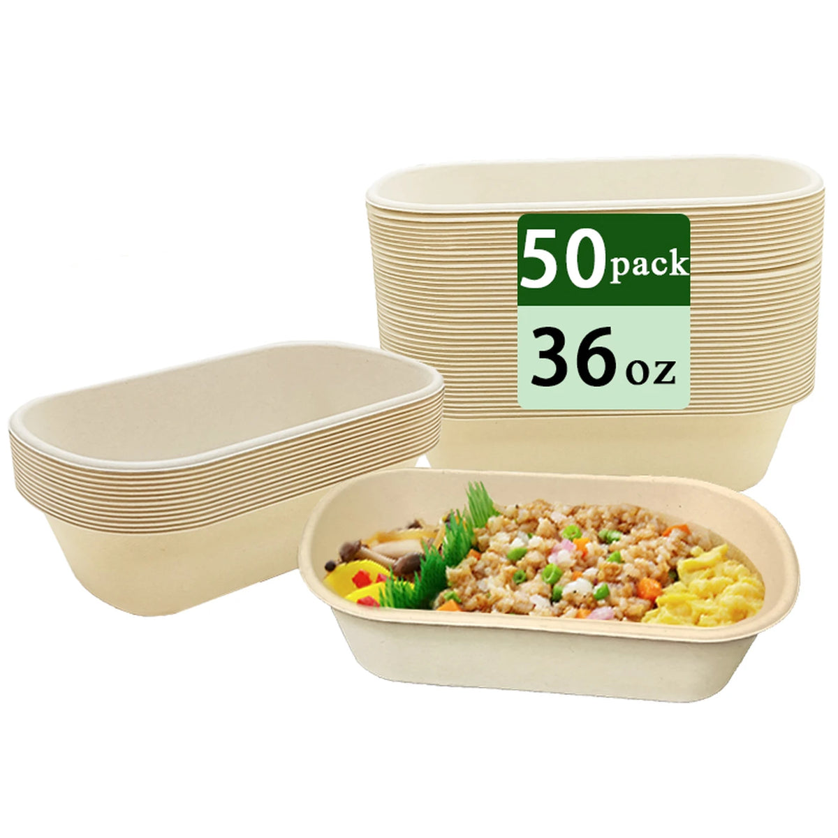Boîte à bento Rui en bambou 36 oz - Boîte à déjeuner jetable en fibre de bambou - 50 pièces - Légère et facile à transporter