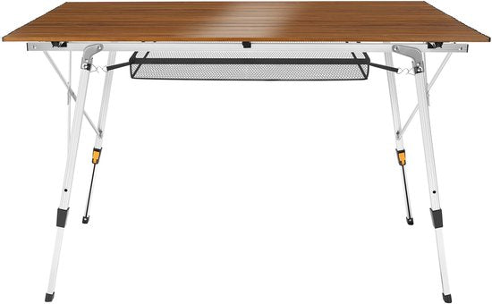 Table de camping tectake® - 120 x 70,5 x 58 - 79 cm - Table pliante en aluminium - Plateau XXL enroulable - Table pliante - Table de voyage - Table de jardin - Résistante aux intempéries - Réglable en hauteur - Sac de transport - Pliable - Aspect bois