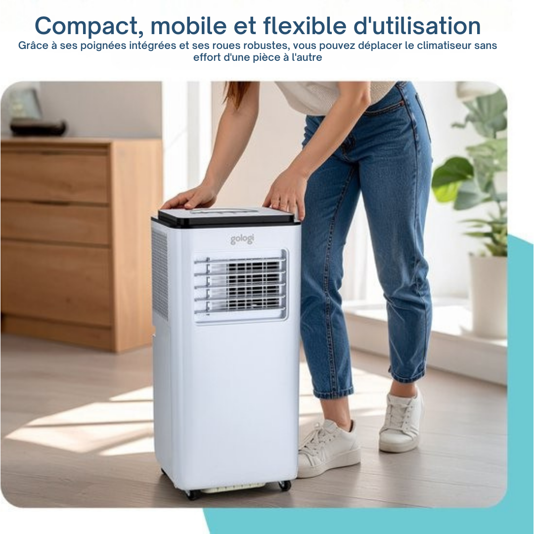 Gologi 3-in-1 Mobile Air Conditioner - Rafraîchisseur d'air avec Wifi et App - 9,000 BTU/h - Avec kit d'étanchéité pour fenêtre - Télécommande incluse - Convient pour la chambre à coucher - Blanc
