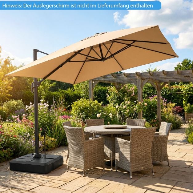 Pied de parasol Coast 84 × 84 × 20 cm – Support de parasol mobile et remplissable pouvant supporter jusqu’à 150 kg, avec 4 roues et une tige de traction télescopique – Noir