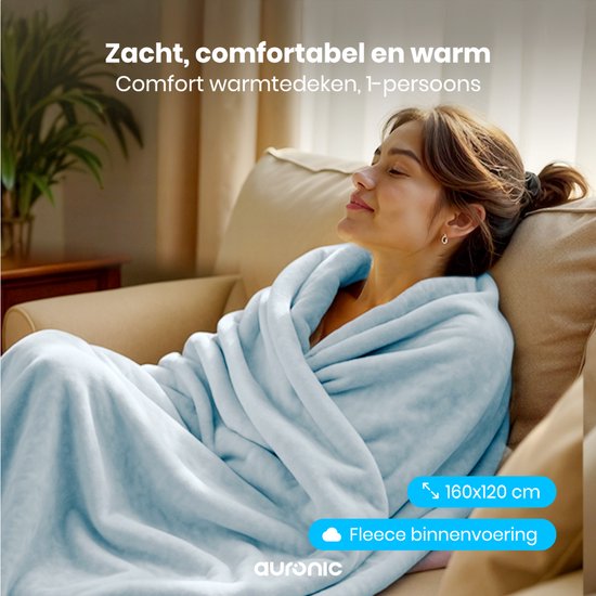 Couverture électrique Auronic - 160x120cm - Couverture chauffante - 1 personne - 3 niveaux de chaleur - avec minuterie - Couverture chauffante - Bleu clair