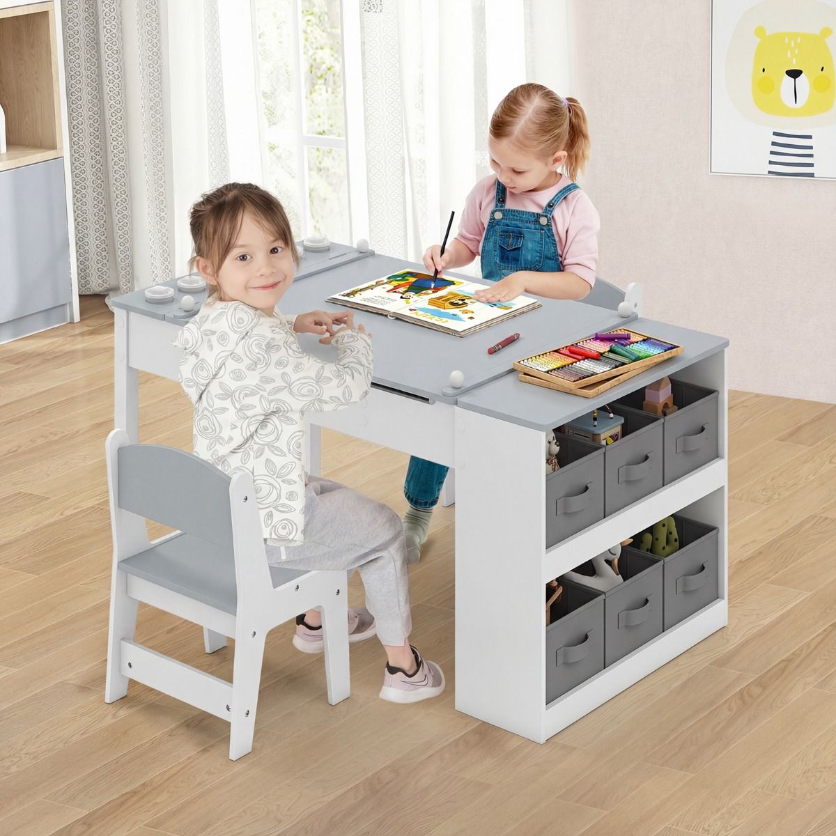 Ensemble table et chaises pour enfants Coast - Table à dessin 2-en-1 avec espace de rangement et rouleau de papier - gris