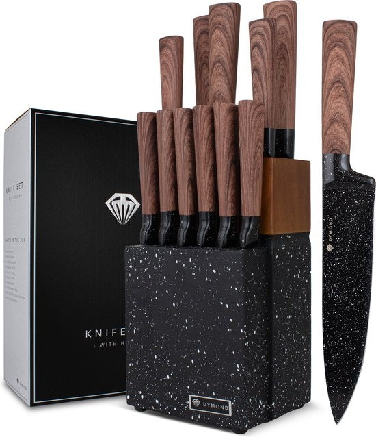 Set de couteaux avec bloc - Dymund® - Set de couteaux de chef avec bloc de couteaux - 13 pièces - acier inoxydable - Noir