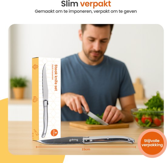 Goliving Couteaux à steak - Couteau à viande - Lavable au lave-vaisselle - Set de 6 couteaux à steak - Acier inoxydable - Set de couteaux - Couteau dentelé - Silver