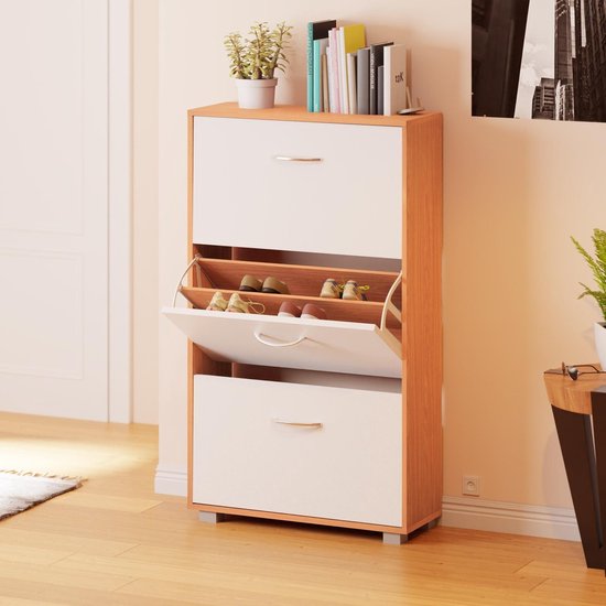 Armoire à chaussures - 3 volets - 115x60x24cm - 18 paires Hêtre/Blanc