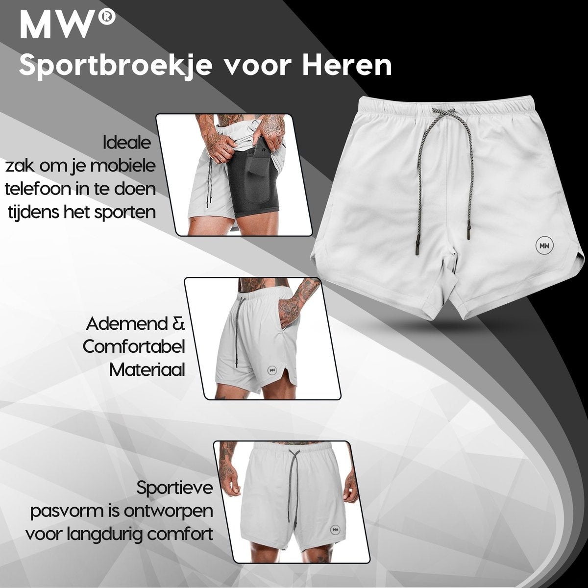 MW® - Pantalon de sport pour homme - Pantalon de fitness - Vêtements de sport - Short 2 en 1 - Pantalon de course à pied (Gris - S)