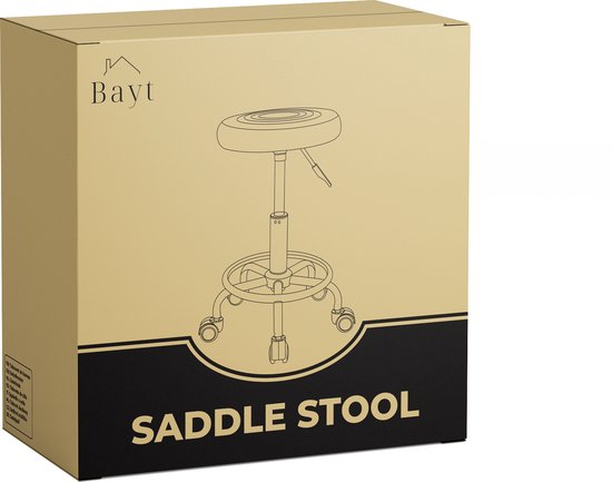 Bayt Tabouret selle - Chaise selle ronde - Tabouret de barbier - Tabouret selle à roulettes - Tabouret - Hauteur réglable - Noir