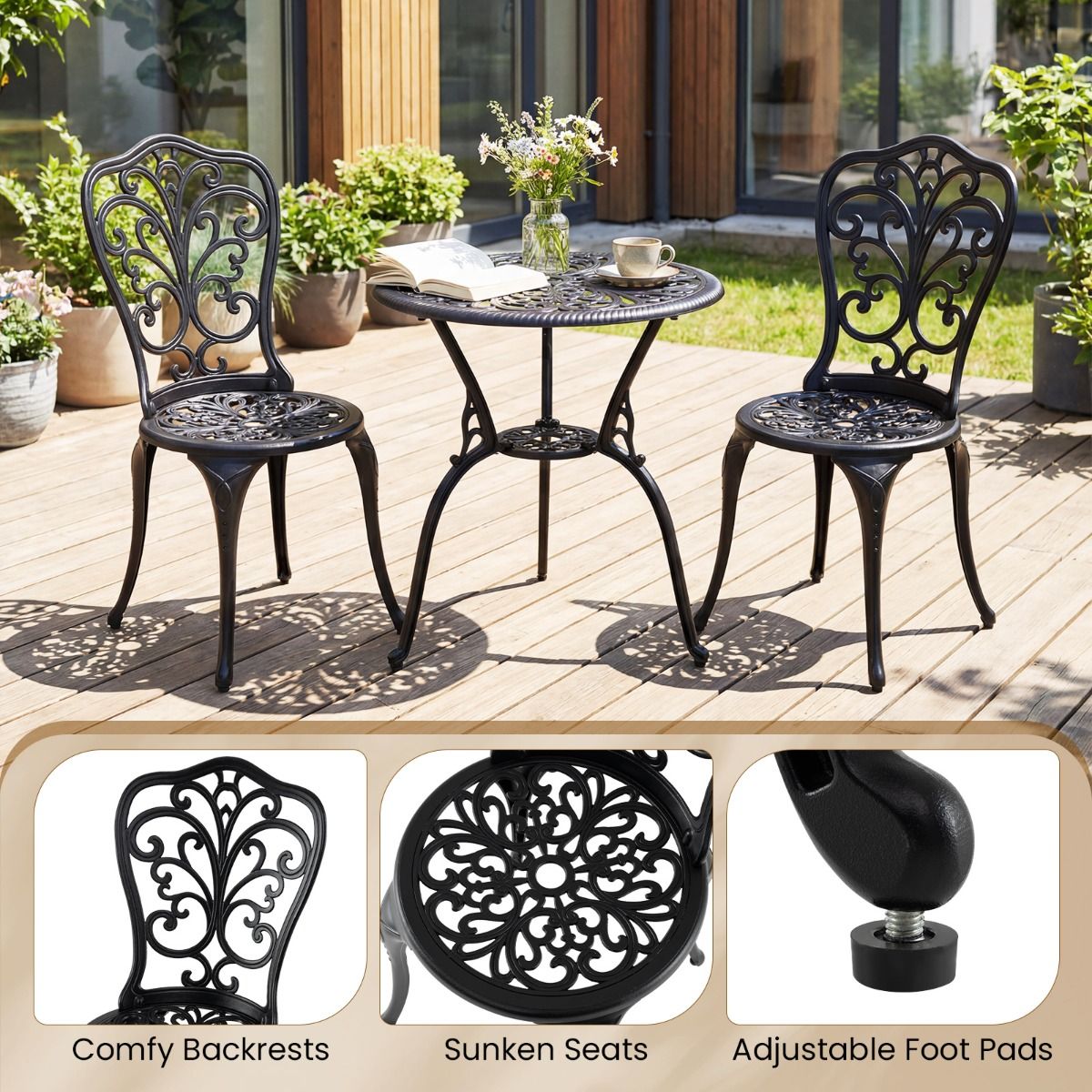Ensemble de bistrot Coast 3 pièces - aluminium moulé - trou pour parasol - dossiers en forme de papillon - noir