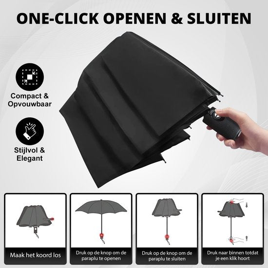 K&L Storm Parapluie pliable - Résiste à la tempête jusqu'à 100km/h - Parapluie à déploiement automatique - Housse de protection incluse - Noir