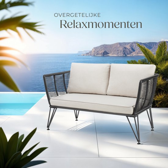 tectake® Banc de salon en osier - Banc de jardin compact avec coussins épais - Idéal pour balcon, jardin ou terrasse - Banc de salon extérieur élégant et confortable - Design en corde