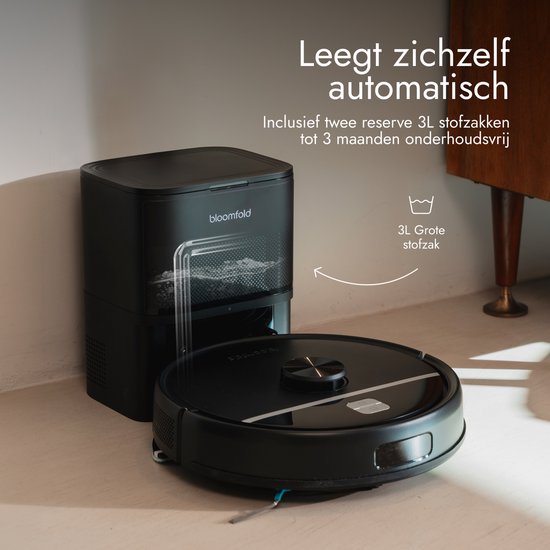 Aspirateur robot Bloomfold avec fonction de lavage et station de vidage - Puissance d'aspiration de 19 000 Pa – Navigation LiDAR - 180 minutes - Aspirateur robot intelligent doté d'une IA - Adapté aux poils d'animaux
