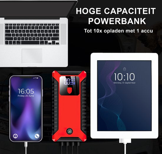 Toivo 12V Jumpstarter for Car - 1000A / 20,000 mAh - With Compressor - 4-in-1 Starting Aid with Powerbank, LED Flashlight and SOS Emergency Light - In Storage Case