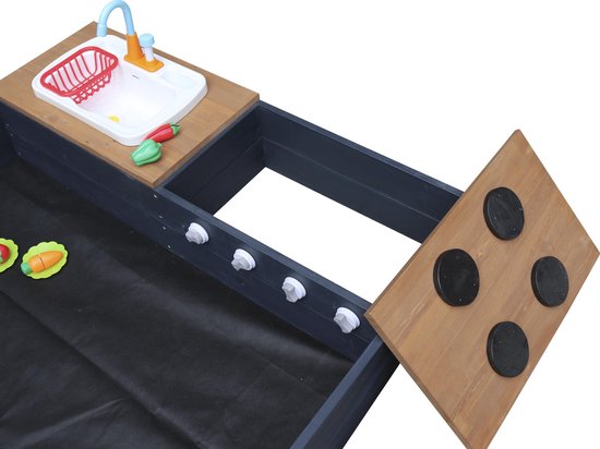 Bac à sable AXI Kelly avec cuisine jouet, anthracite/marron - Lavabo avec lot d'accessoires de 17 pièces - Bâche de protection et toile de sol incluses