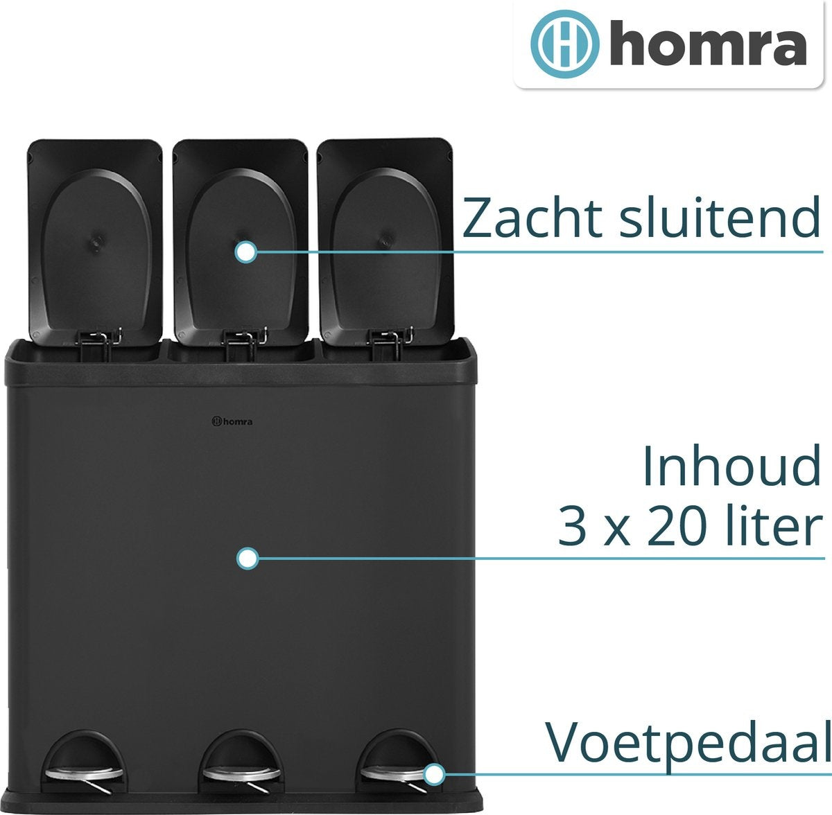 Poubelle a 3 compartiments - Homra MAXER - Poubelle 60 litres (3x 20L) - Noir