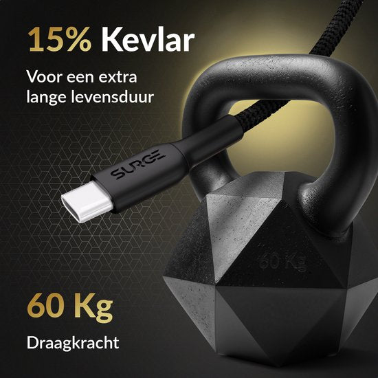 Câble USB C à USB C de Surge - 100W - Câble de charge de 2 mètres - Chargeur rapide avec 15% de Kevlar - Convient à Samsung / MacBook / iPhone 15 et 16 / iPad Pro, entre autres.
