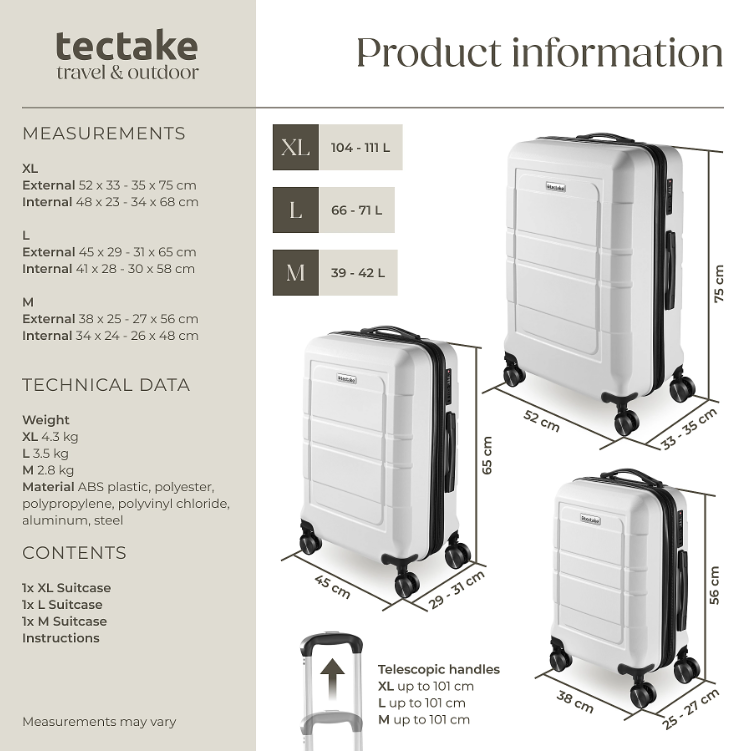Ensemble de valises Tectake Brice, 3 pièces – L, M et S – ABS – Roulettes à 360° – Cadenas TSA – Blanc