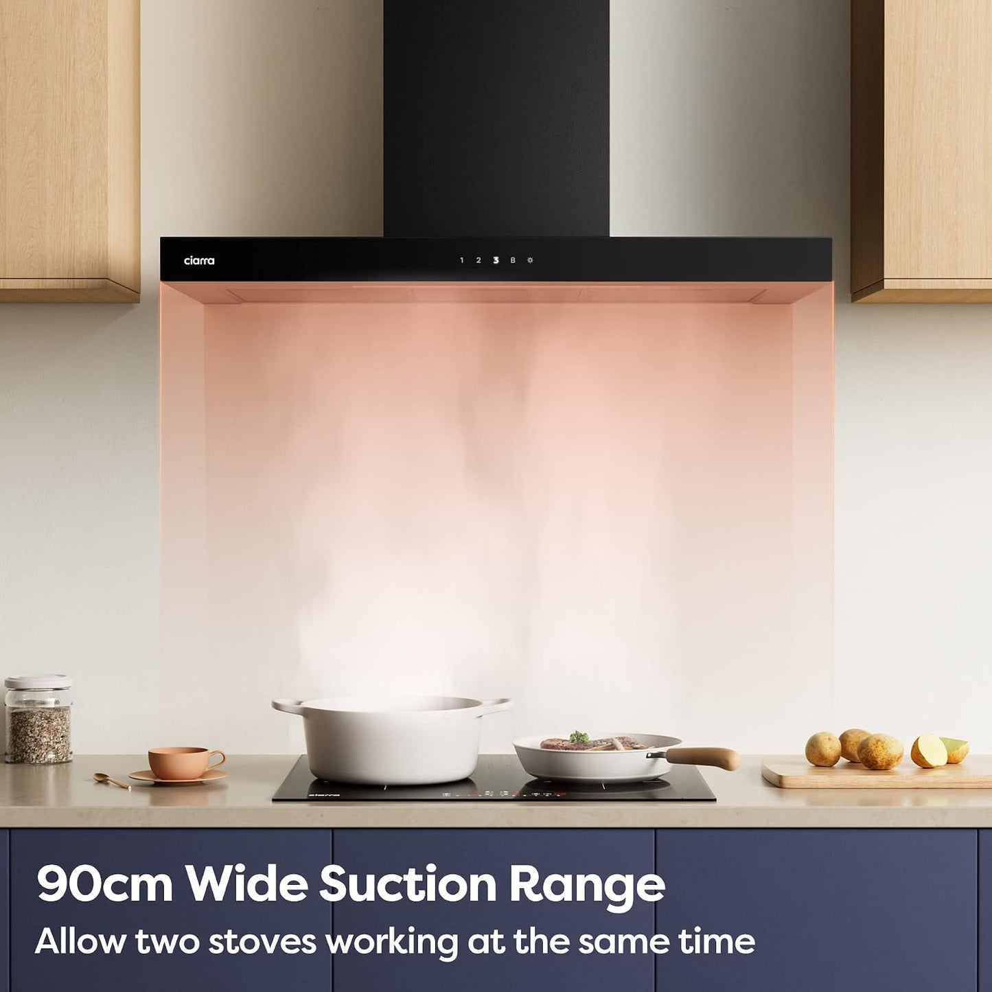 Ciarra CBCB9102 Hotte aspirante 90 cm - 650 m³/h - 4 vitesses avec fonction « Booster » - Wi-Fi et commande tactile - Recirculation - Noir