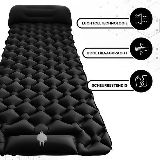 Outbee Matelas de couchage autogonflant - Lit gonflable avec pompe à pied et oreiller intégrés - 1 personne - Matelas de couchage autogonflant - Matelas gonflable avec support - 195x60x5 cm - Noir