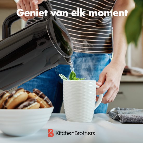 KitchenBrothers Bouilloire - Électrique - 1,7 litre - Avec filtre à calcaire - Double paroi - Cool-touch - Noir