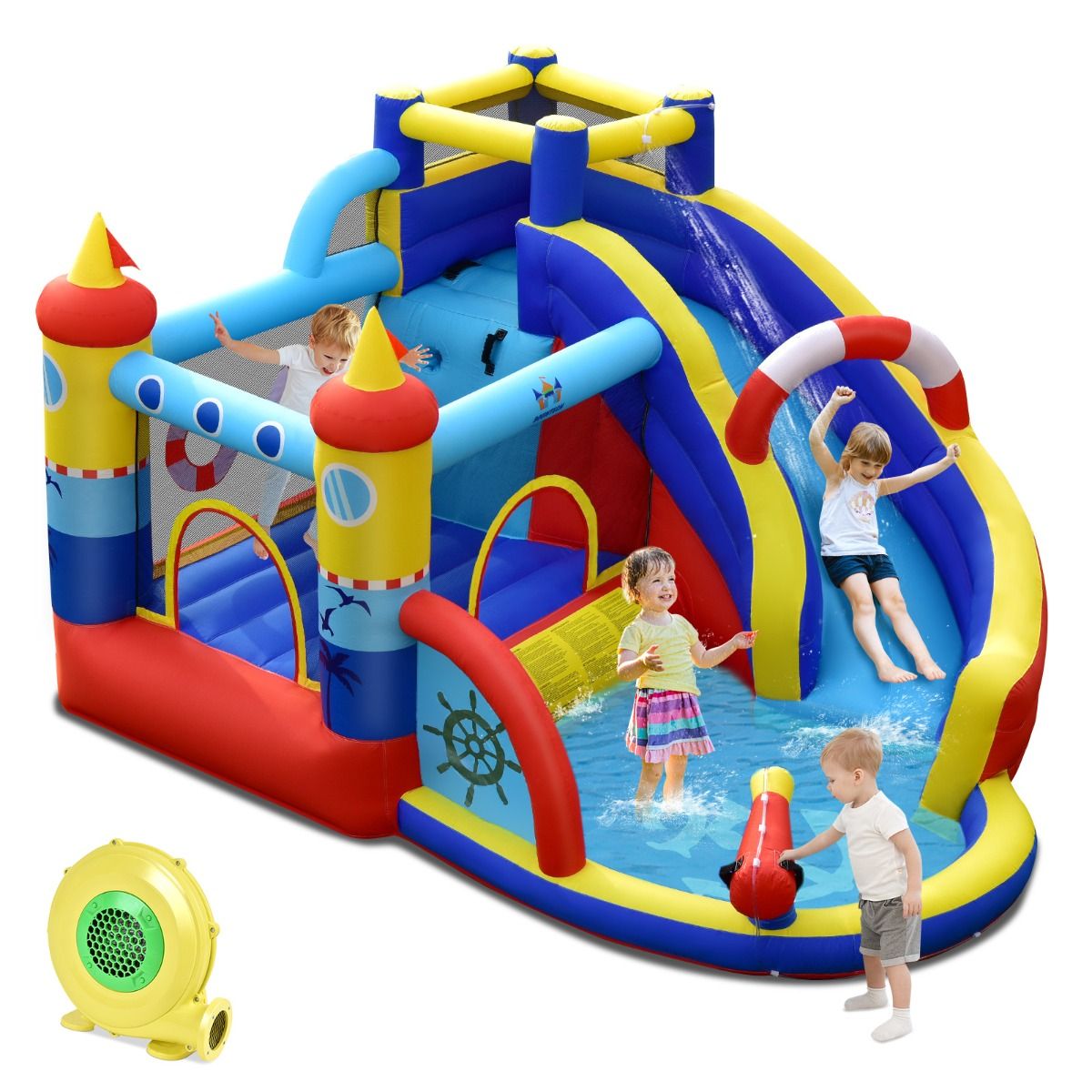 Château gonflable Coast « Bateau pirate » - Parc aquatique 5 en 1 avec toboggan et mur d'escalade - Pistolet à eau et ventilateur inclus - 360 x 290 x 200 cm