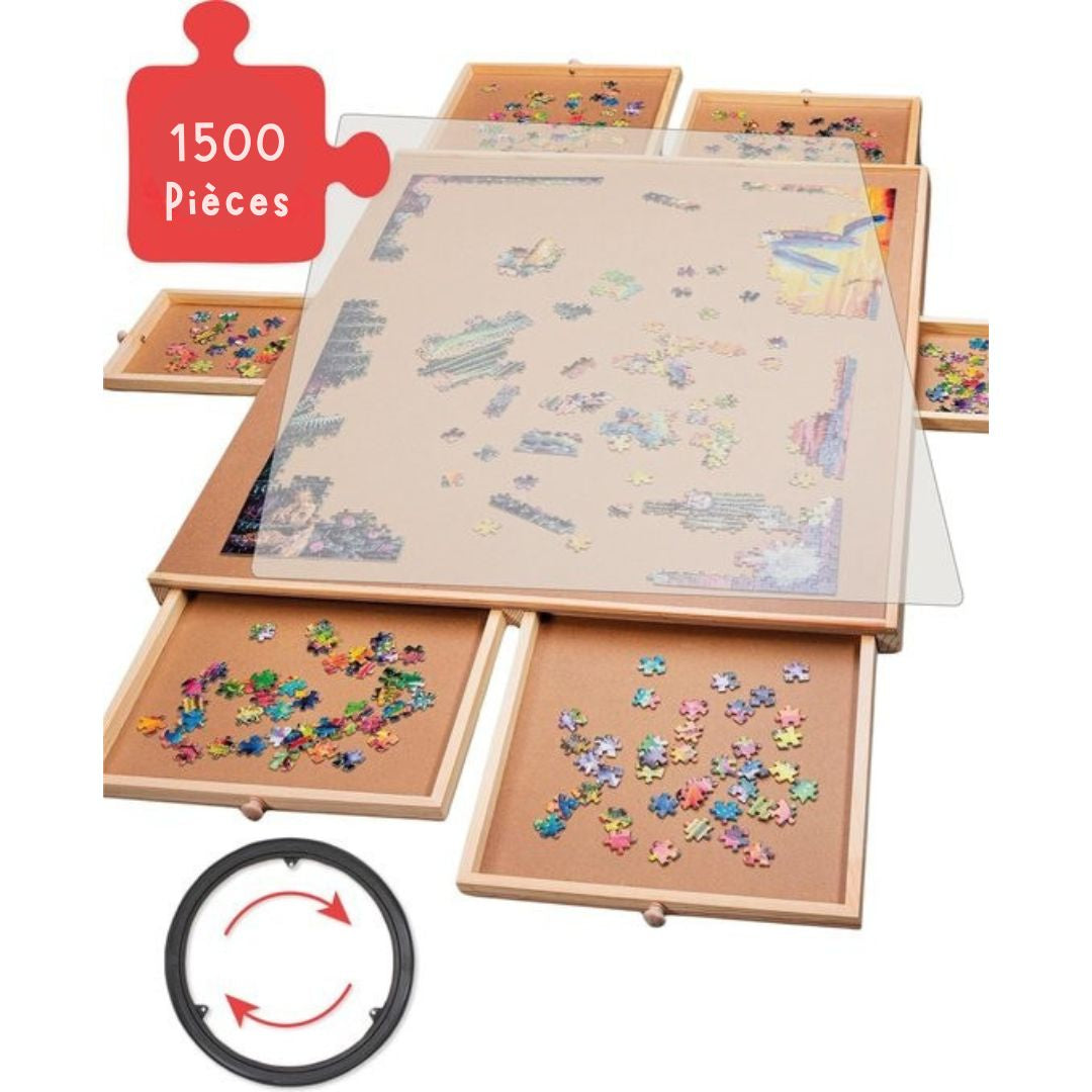 Plateau de puzzle rotatif avec système de rangement - 6 tiroirs - 1500 pièces - Bois - Table de puzzle - Classeur de puzzle - 64 x 86 x 4 cm - Couvercle de protection inclus - Tapis de puzzle - Mallette - Bois