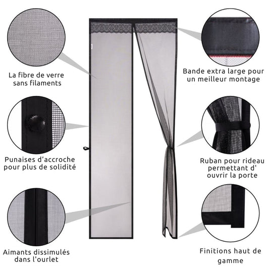 Rideau de porte O'DADDY®- Rideau anti-mouches - Magnétique - FIBRE - Moustiquaire de porte Deluxe 92 x 230 cm - Noir Hor