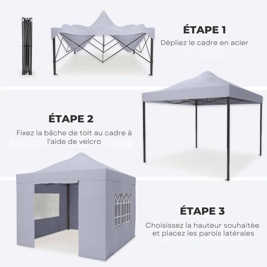 Tente de réception LifeGoods - Étanche- Pliable - 3x3m - Gris foncé