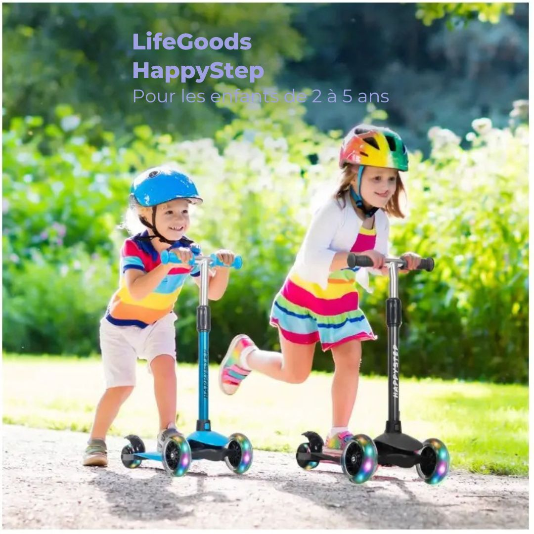 Scooter pour enfants LifeGoods HappyStep - Étape 2-5 ans - 3 roues lumineuses - Garçons/Filles - Noir