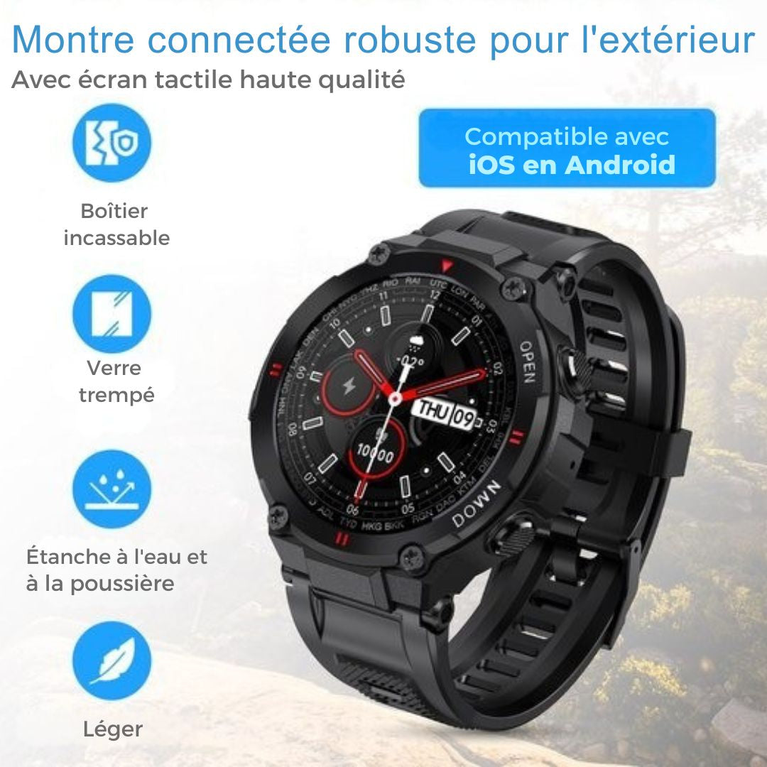 Montre connectée K22 - Nuvance - 45mm - Ecran tactile - Etanche IP67 - Hommes, femmes et enfants - iOS & Android - Noir