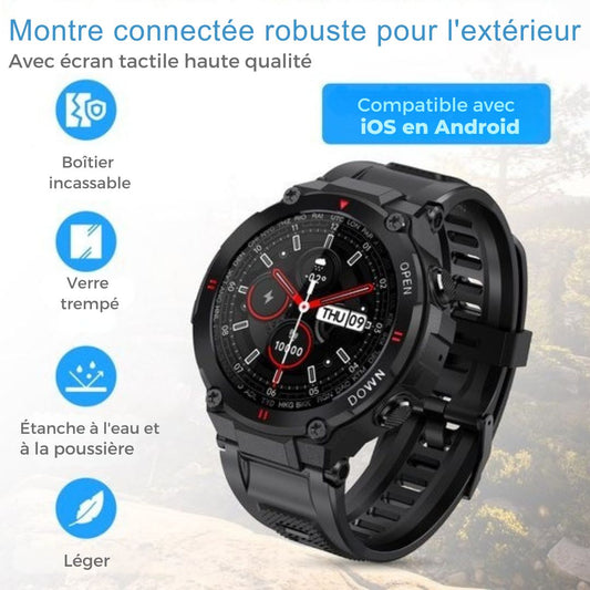 Montre connectée K22 - Nuvance - 45mm - Ecran tactile - Etanche IP67 - Hommes, femmes et enfants - iOS & Android - Noir