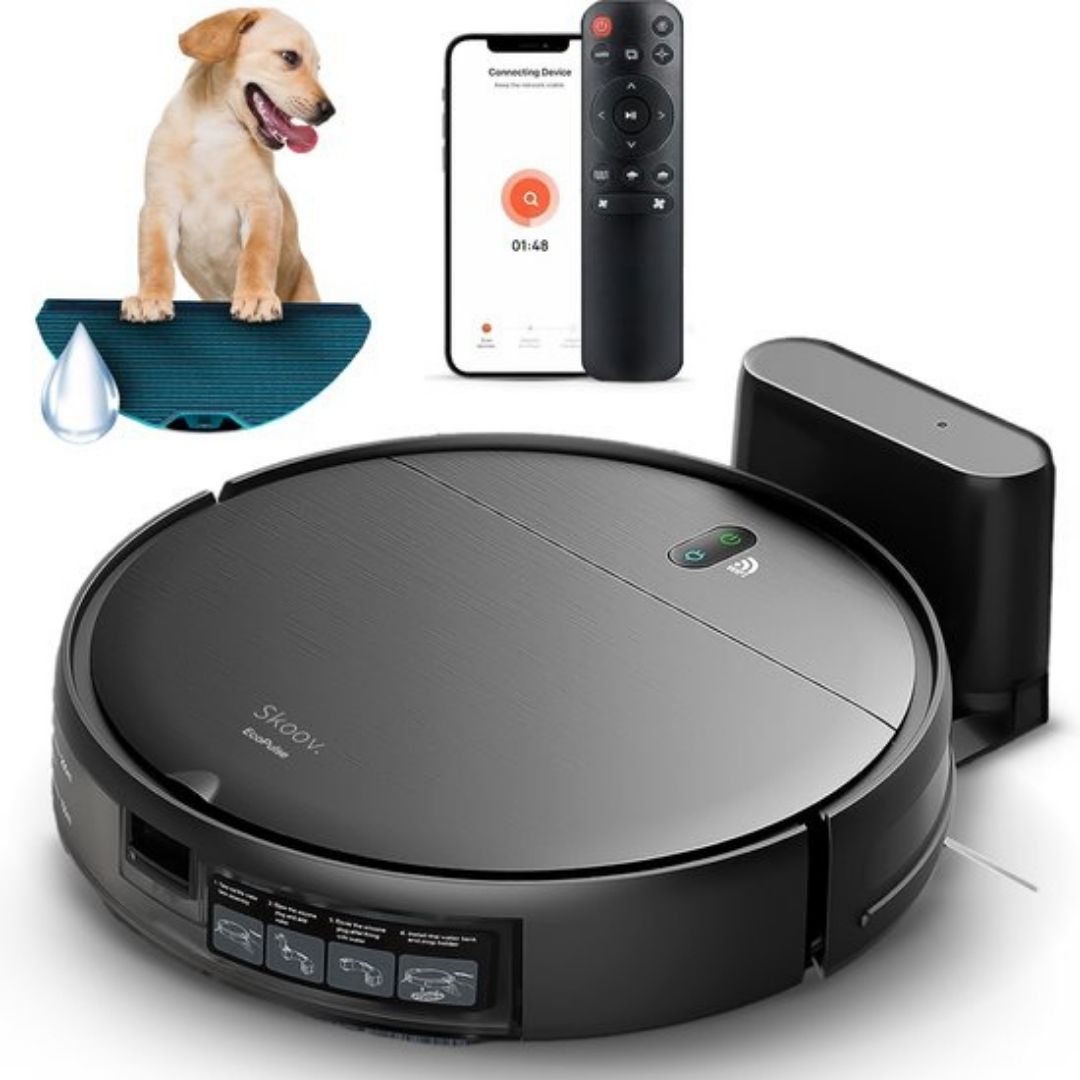 Robot Aspirateur avec fonction balayage Skoov - Avec station de chargement et de déchargement - APP - Animaux - Maison - Automatique - Poils de chien - 2000 PA - Noir