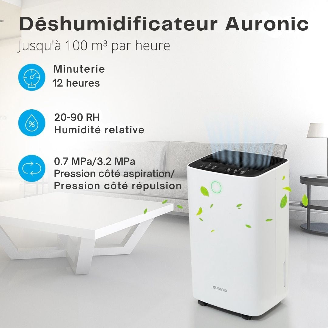 Déshumidificateur Auronic - 12 litres par jour - Fonction Lavage-Séchage - 185 W - 30,5 x 26,5 x 52 cm - Blanc