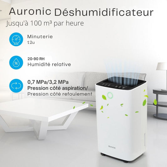Déshumidificateur Auronic - 12 litres par jour - Fonction Lavage-Séchage - 185 W - 30,5 x 26,5 x 52 cm - Blanc