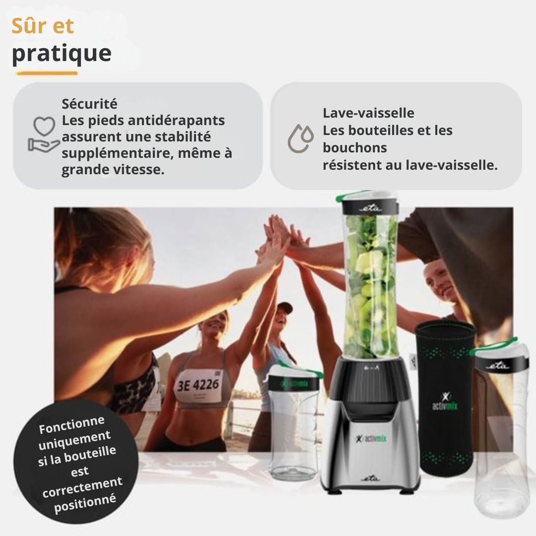 Mixeur ETA avec 3 bouteilles en Tritan - 2 x 0,6 litres et 1 x 0,4 litres - Fonction Pulse - 19 000 tr/min - 350W - Argent