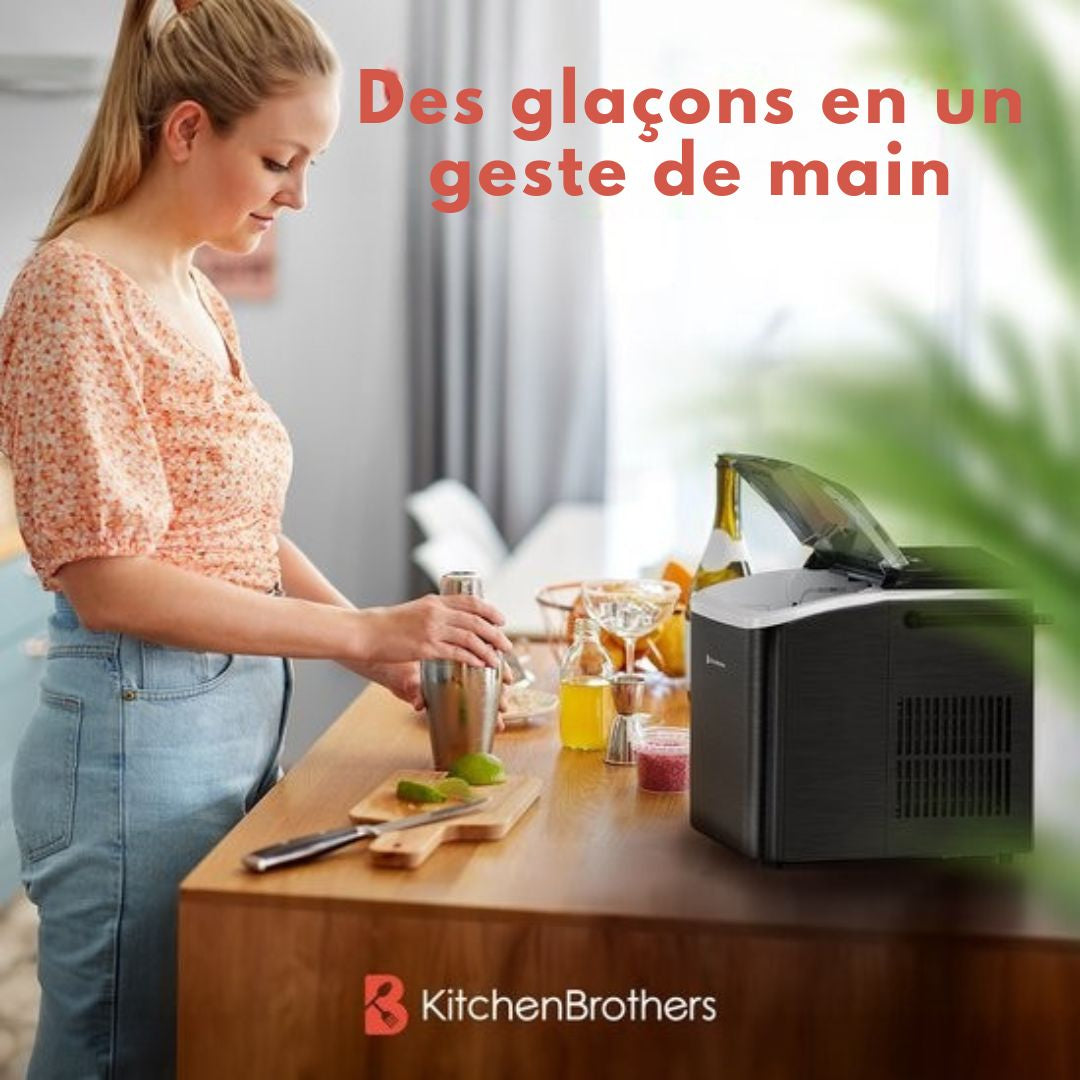 Machine à glaçons KitchenBrothers - 1.5L - 12kg/24 heures - Portable - Fonction auto-nettoyante - Acier inoxydable