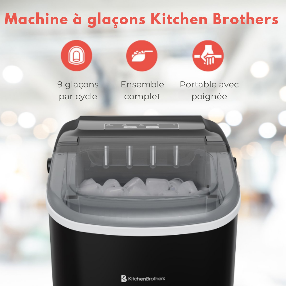 Machine à glaçons KitchenBrothers - 7 à 9 min - Portable avec poignée - Pelle à glaçons incluse - Noir