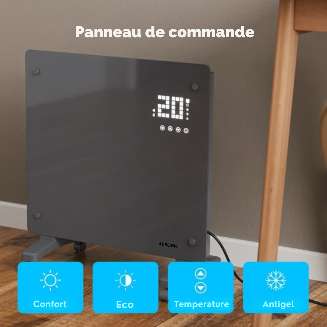 Radiateur électrique Auronic - Radiateur à convection avec thermostat et télécommande - Radiateur à panneau en verre - Radiateur 1000 W - Gris